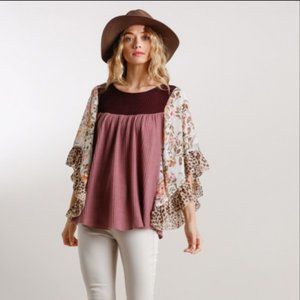 UMGEE Floral/Animal Print With Ruffle Sleeves Top
